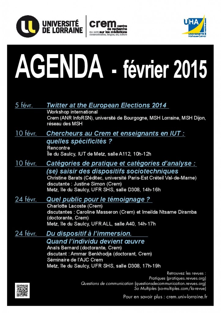 Agenda du Crem pour le mois de février 2015